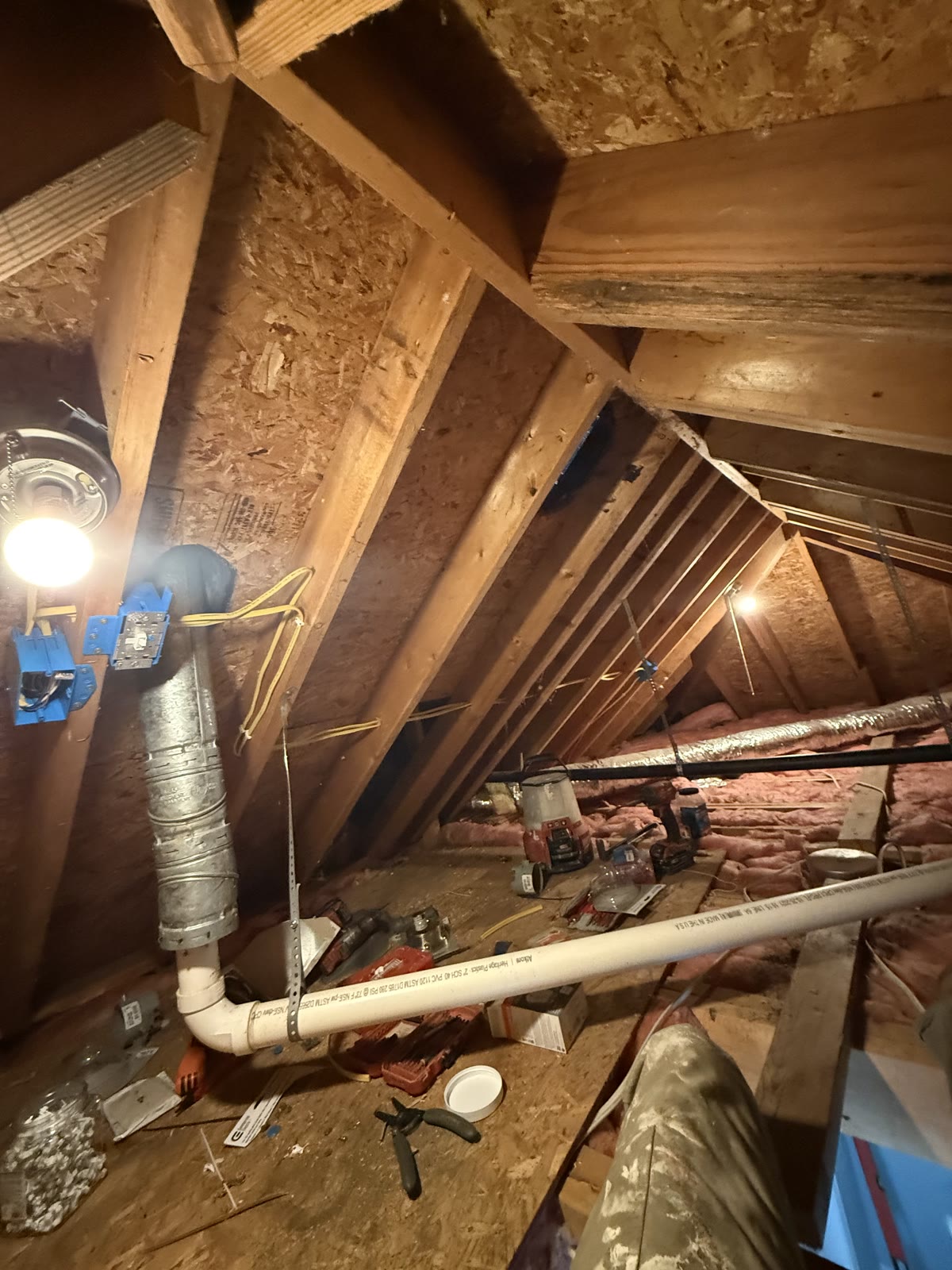 Inside the attic space showing the rafters, sheathing, and insulation before the build-out.