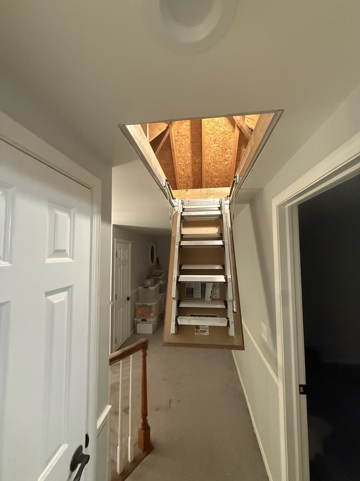 Fold-down attic ladder installed and extended in the hallway.