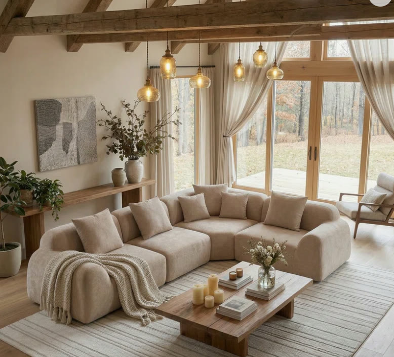 A living room seating area centered in the room with a properly sized rug, sectional sofa, and art and plants along the walls