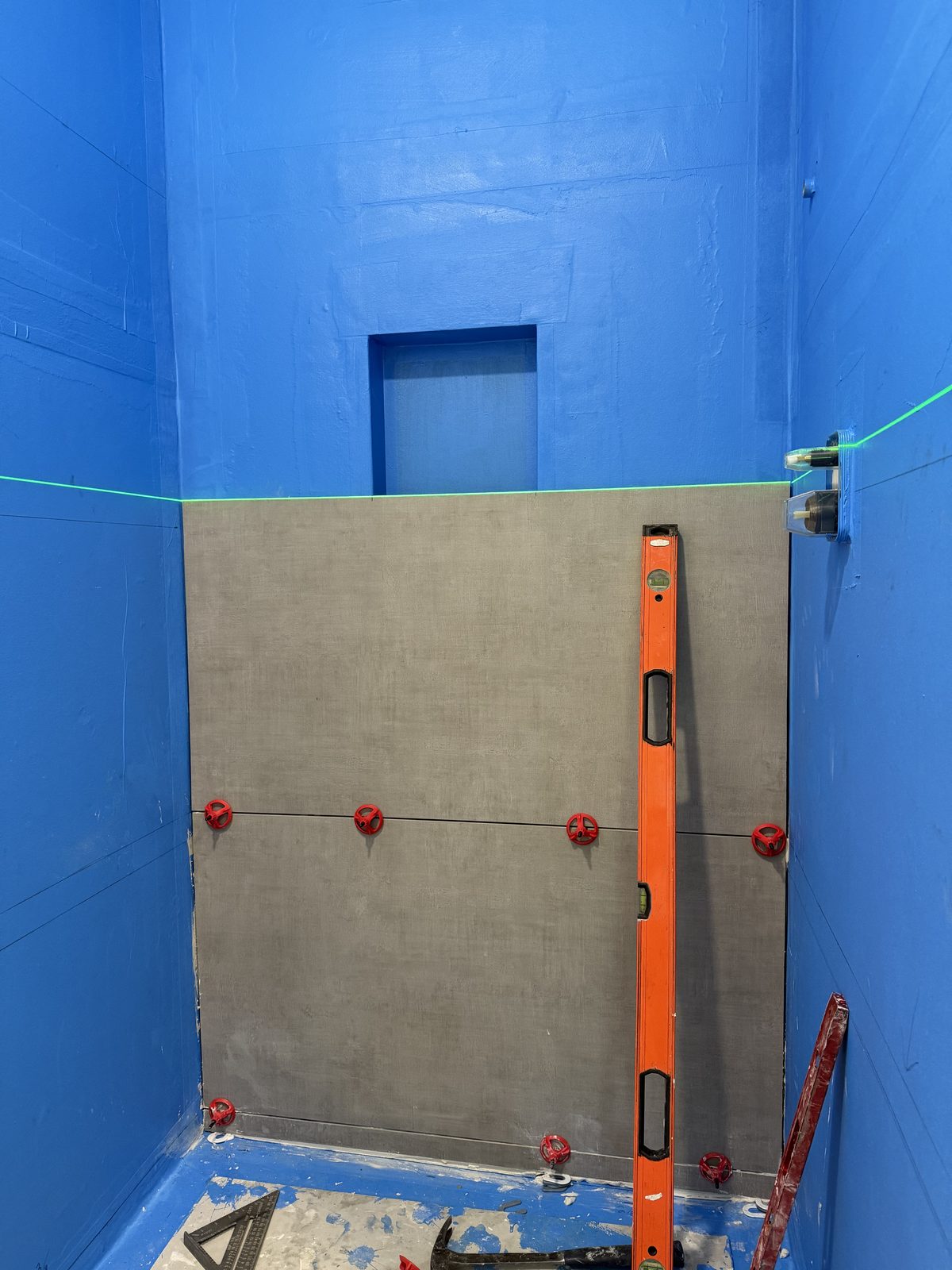 Waterproofing membrane applied before tile.